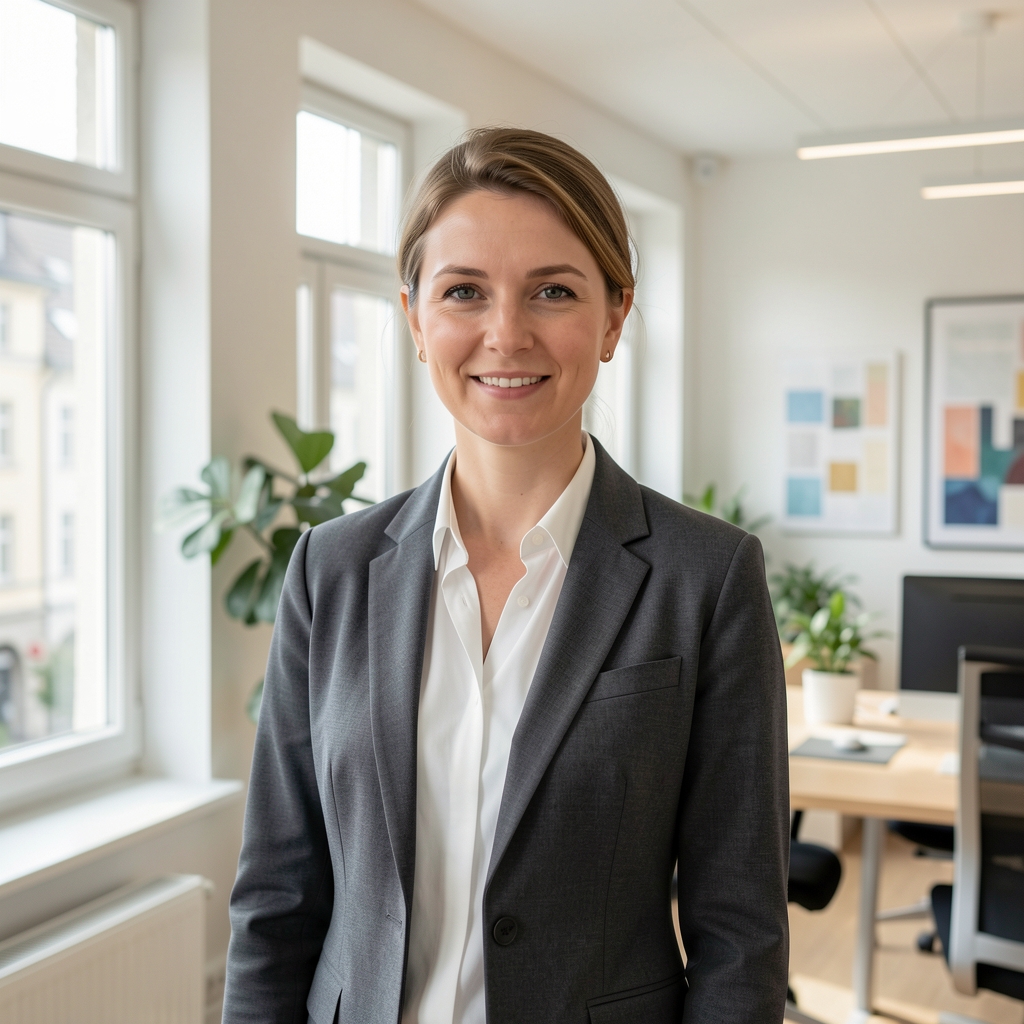 Porträt einer Ernährungsfachperson in einem hellen, modernen Zürcher Büro, natürliches Licht durch grosse Fenster, ruhige professionelle Atmosphäre