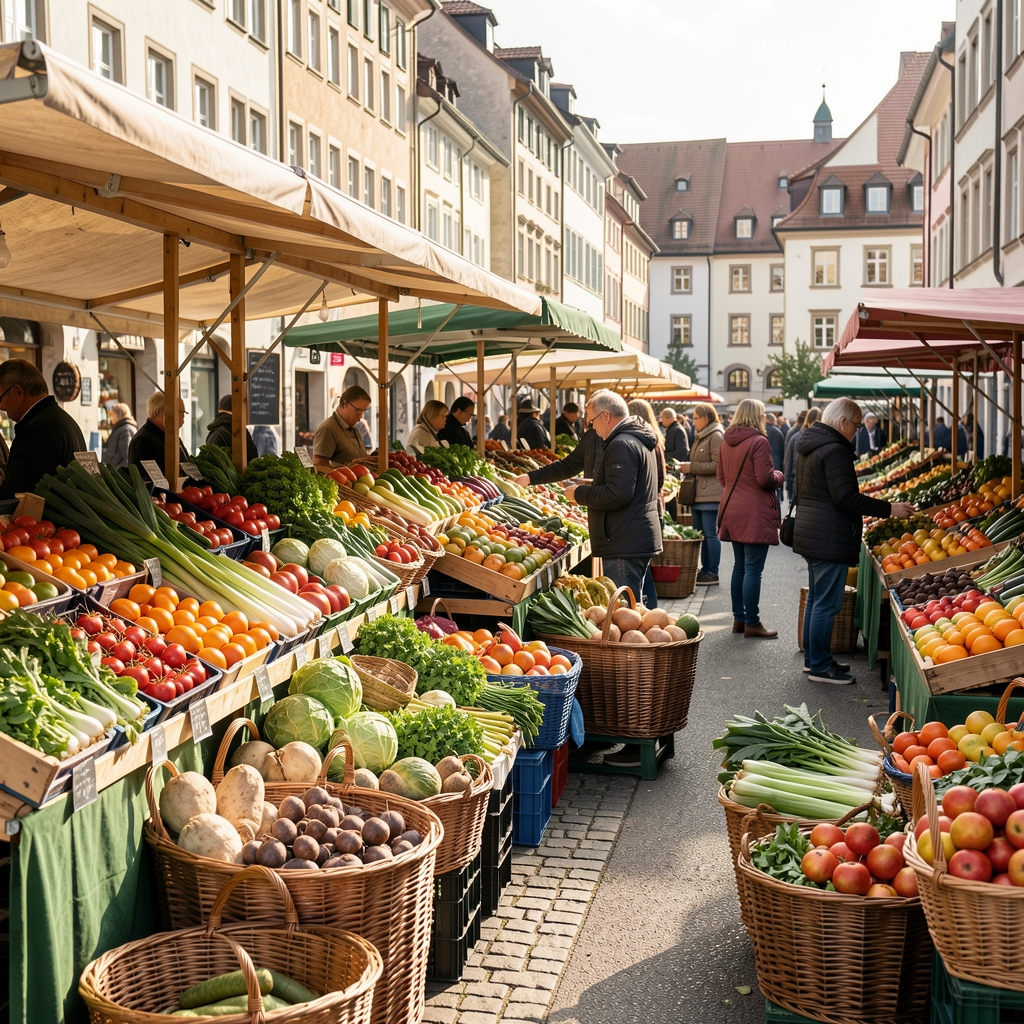 Frischer Zürcher Wochenmarkt mit bunten Gemüse- und Obstständen, natürliche Morgensonne, Körbe mit saisonalen Produkten
