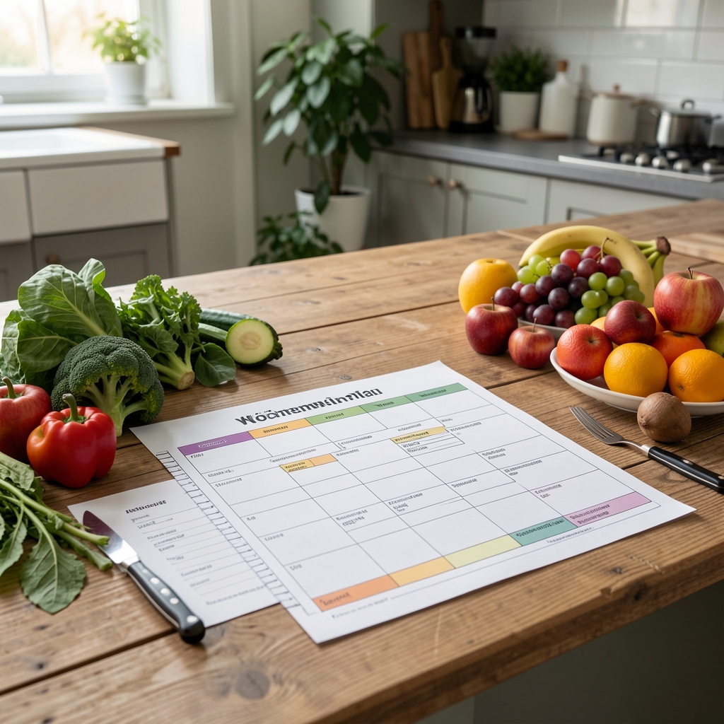 Wochenmenü-Plan auf einem Küchentresen ausgebreitet, frisches Gemüse und Früchte daneben, strukturierte Mahlzeitenplanung