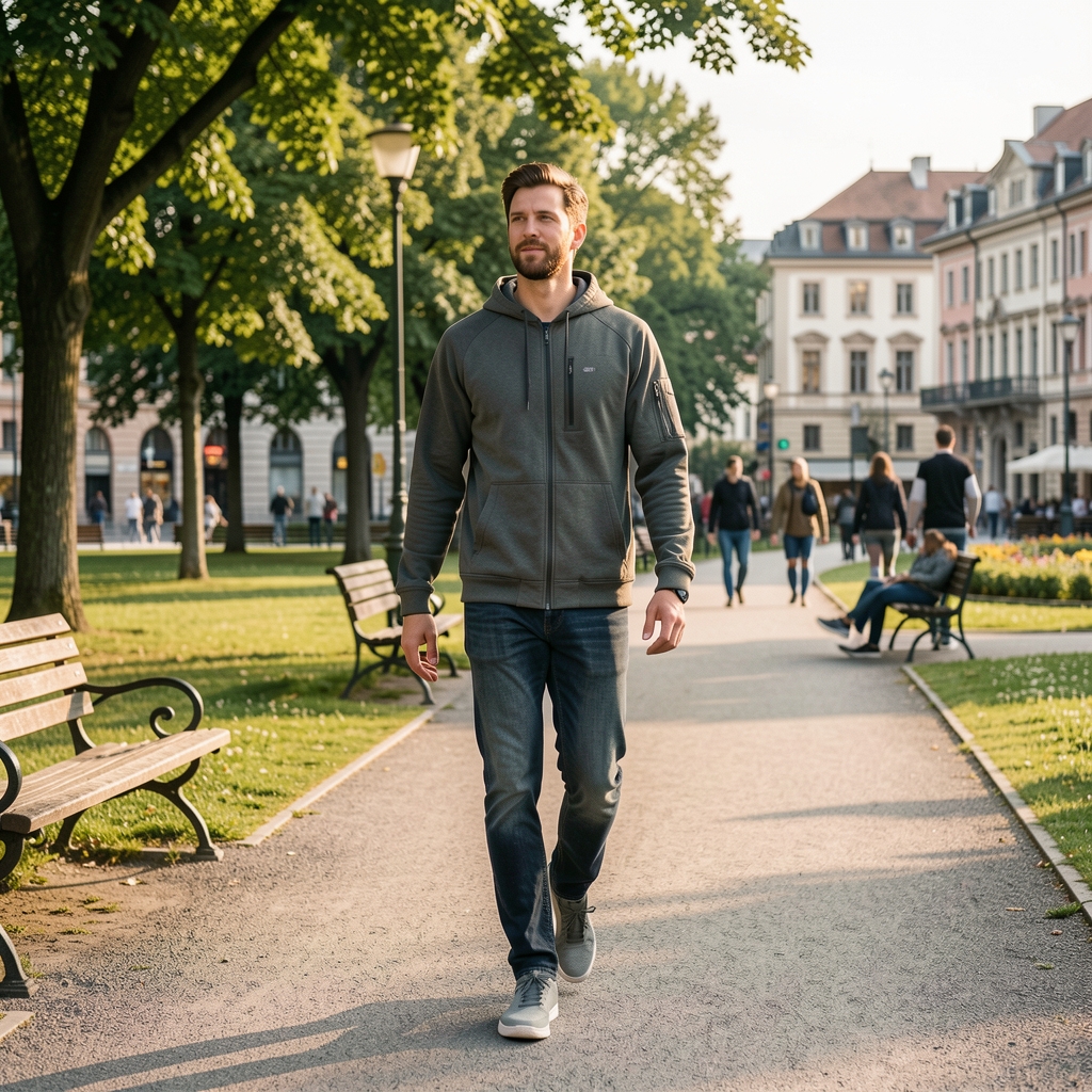 Person beim Morgenspaziergang in Zürich, natürliches Licht, entspannte Haltung, aktiver Lebensstil im Stadtpark