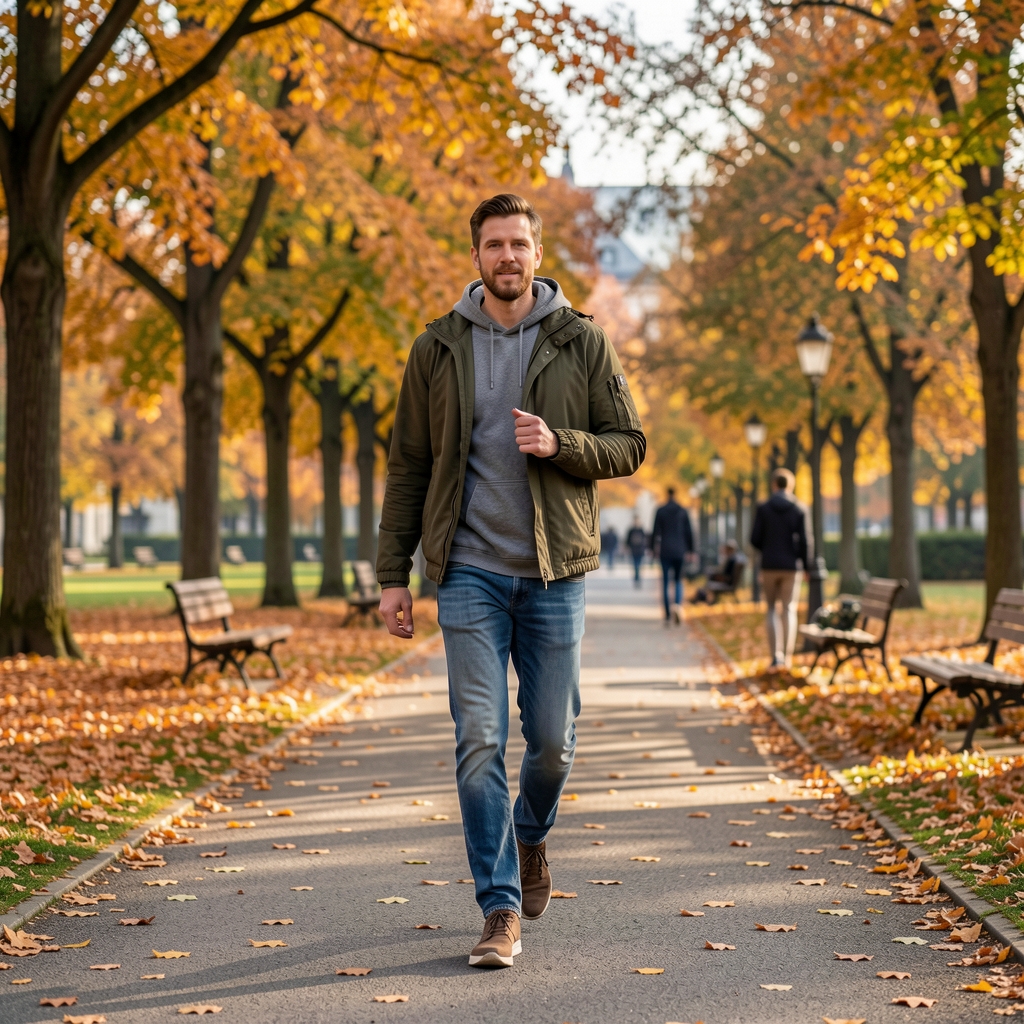 Person bei einem Spaziergang im Zürcher Stadtpark, Herbst, lockere Alltagskleidung, aktiver Lebensstil