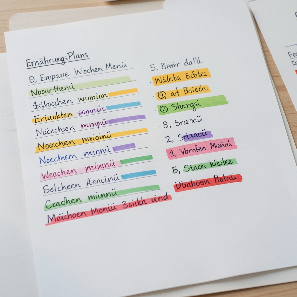 Nahaufnahme eines Ernährungsplans mit handschriftlichen Wochenmenü-Notizen und bunten Markierungen auf weissem Papier
