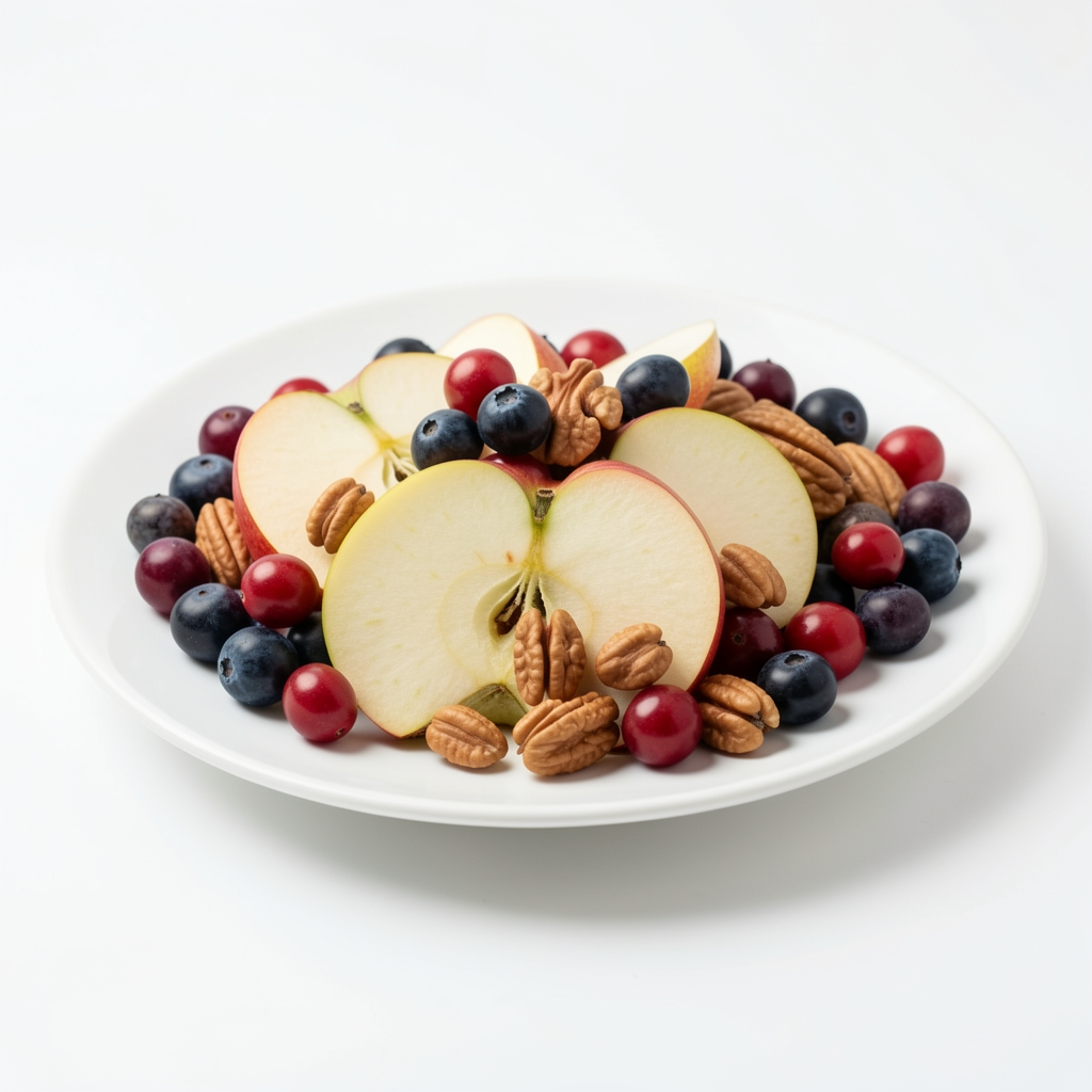 Saisonaler Obstteller mit Beeren, Apfelscheiben und Nüssen auf einem weissen Teller, heller Hintergrund, frische natürliche Lebensmittel