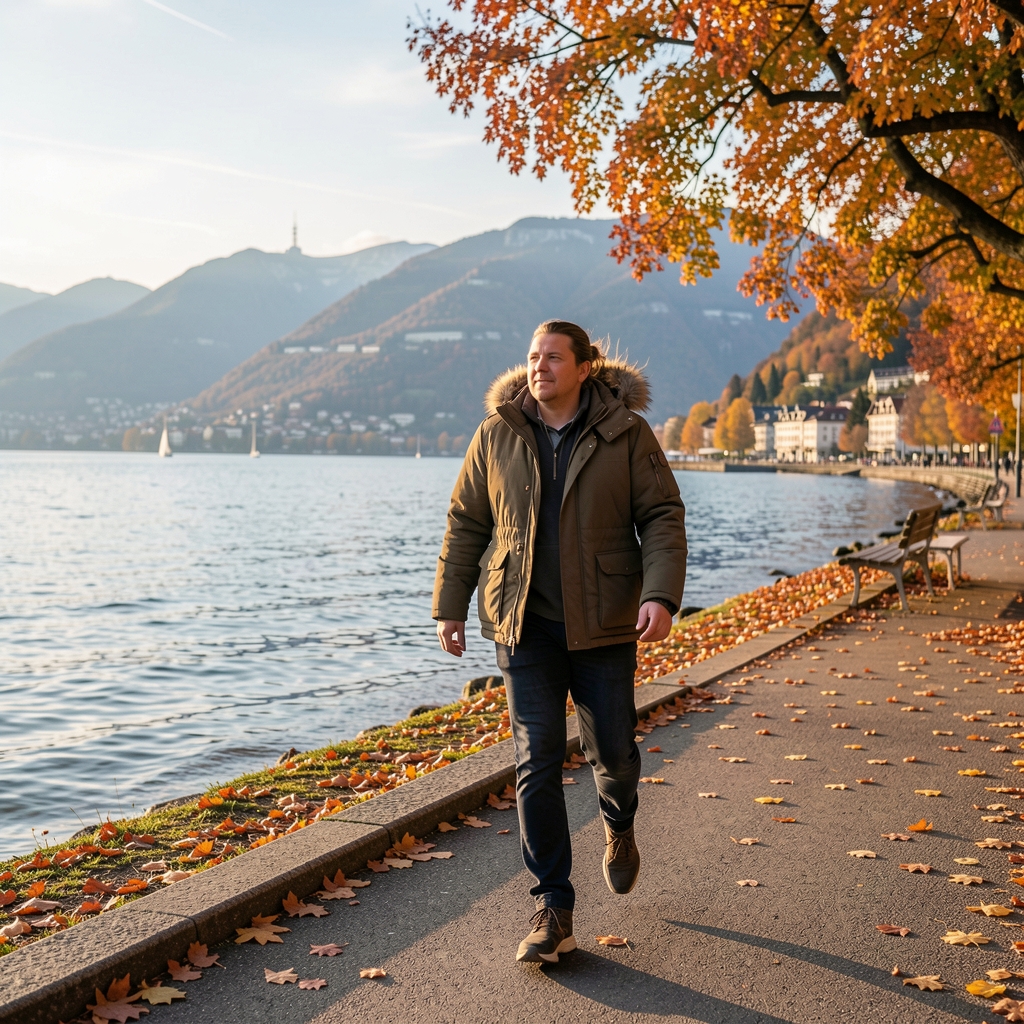 Person beim morgendlichen Spaziergang am Zürichsee, entspannte Alltagsbewegung, Herbststimmung, aktiver Lebensstil