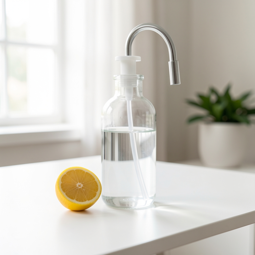 Glas Wasser mit Zitronenscheibe auf einem weissen Tisch, Flüssigkeitszufuhr als Tagesroutine, helles natürliches Umfeld