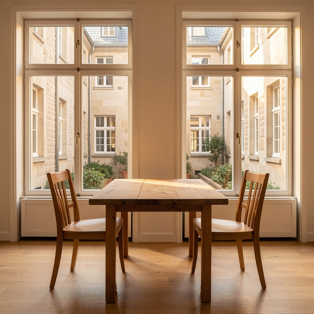 Heller Beratungsraum mit Holztisch, zwei Stühlen und grossen Fenstern mit Blick auf einen ruhigen Zürcher Innenhof, warmes natürliches Licht