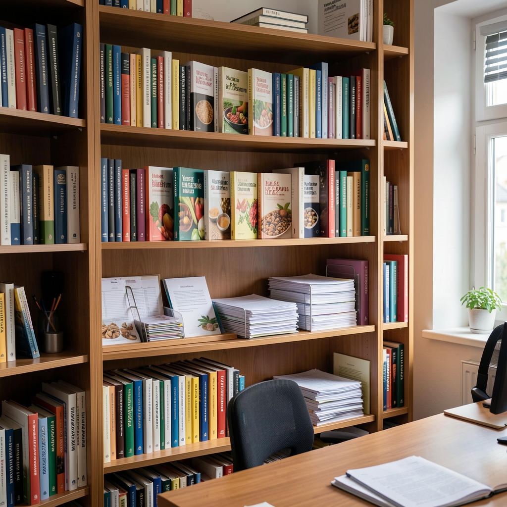 Bücherregal mit Ernährungswissenschaft-Fachbüchern und dokumentierten Unterlagen in einem professionellen Büro in Zürich
