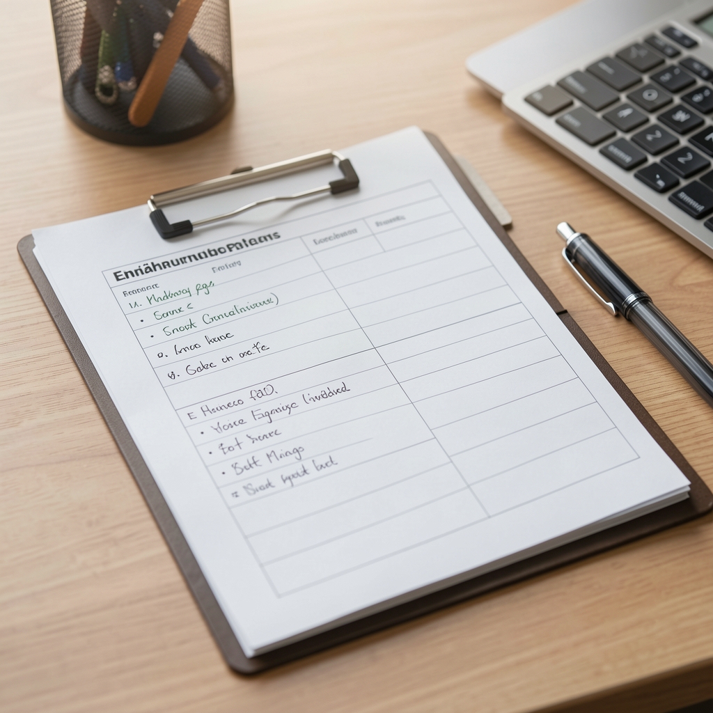 Nahaufnahme eines Ernährungsplans auf einem Schreibtisch, handschriftliche Notizen, Stift und Tasse Tee, sauber und strukturiert